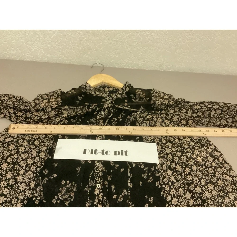 Free‎ People Serena Floral Bell Sleeve Blouse Women XS Black Sheer Boho Tie Neck